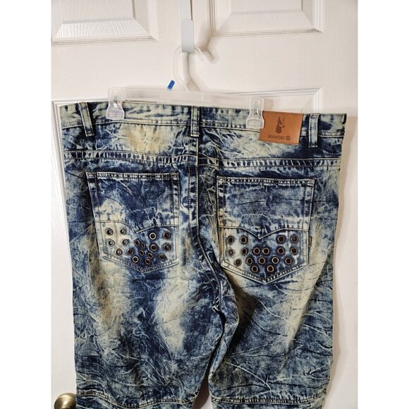 Makobi Jeans Moto Biker Blue Acid Wash Distressed Denim Mens 42x32 - Picture 9 of 12